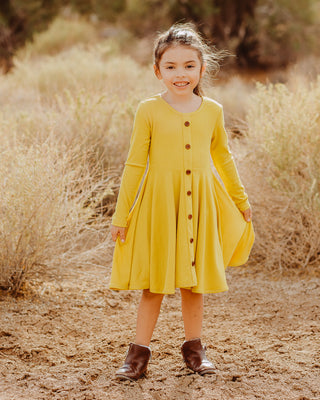 Ribbed Twirl Dress | Mustard
